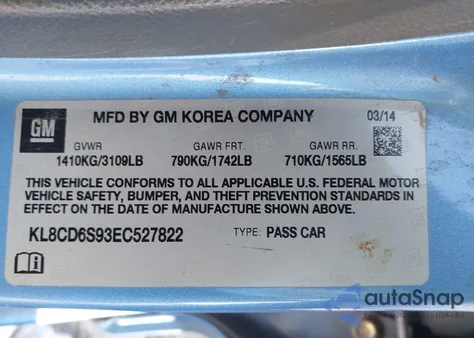 2014 Chevrolet Spark 1Lt Auto from USA, damaged, VIN KL8CD6S93EC527822